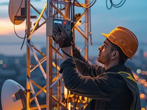 A telecom engineer fixing antennas on a tower