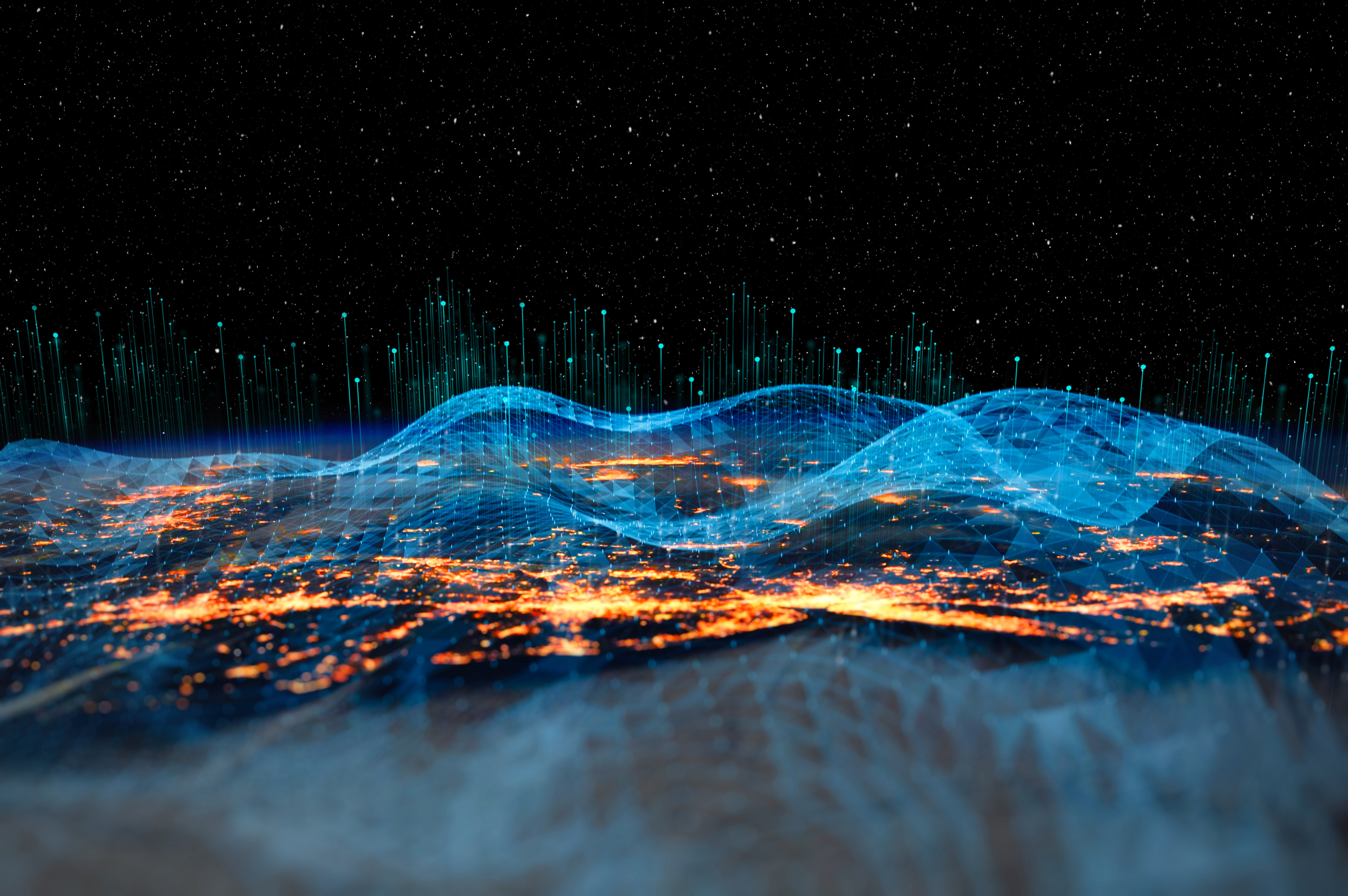 Abstract glowing data wave over illuminated digital landscape.